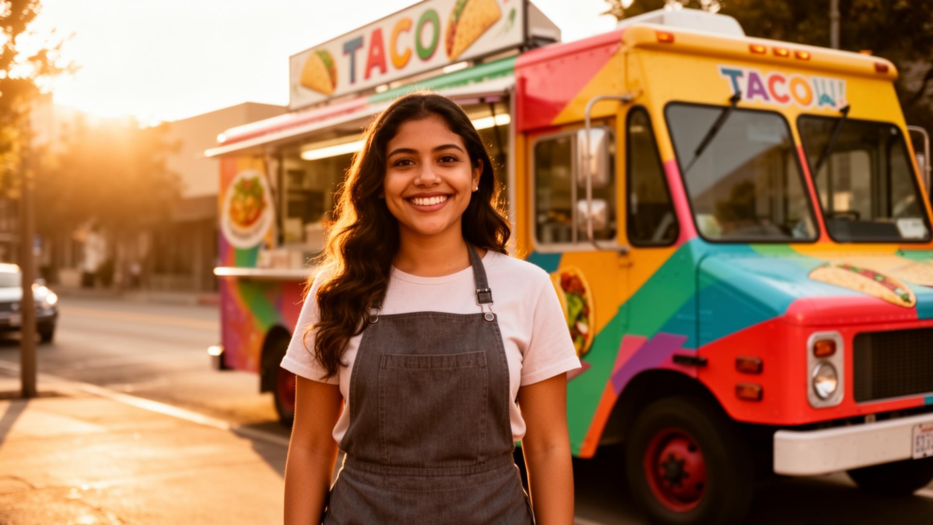 Small business owner in front of her taco food truck at golden hour